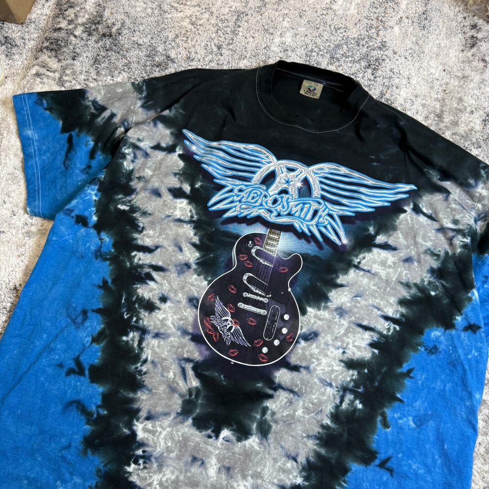 Liquid Blue Aerosmith Tie Dye Graphic T-Shirt Mens Blue Black Guitar Rock Tee